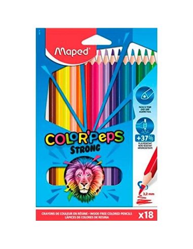 Maped Color'Peps Strong Lot de 18 crayons de couleur triangulaires - Mine 3,2 mm - Sans bois - Pointe ultra-résistante - Couleur