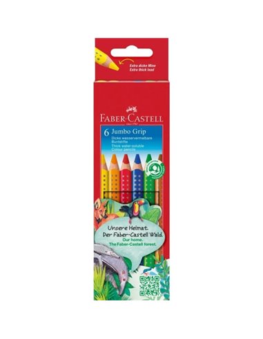 Crayons de couleur triangulaires Faber-Castell Jumbo Grip, lot de 6, mine extra épaisse, lavables et à base d'eau, couleurs asso