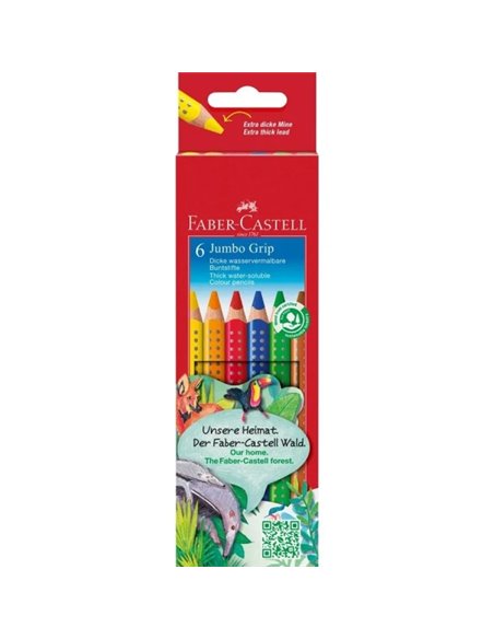 Crayons de couleur triangulaires Faber-Castell Jumbo Grip, lot de 6, mine extra épaisse, lavables et à base d'eau, couleurs asso