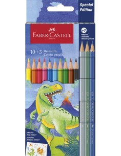 Coffret de 13 crayons de couleur hexagonaux Faber-Castell Édition Dinosaure - 10 couleurs classiques + 3 couleurs métalliques - 