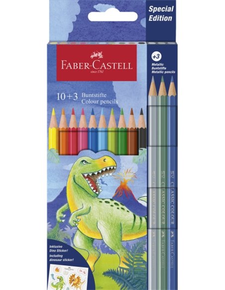 Coffret de 13 crayons de couleur hexagonaux Faber-Castell Édition Dinosaure - 10 couleurs classiques + 3 couleurs métalliques - 