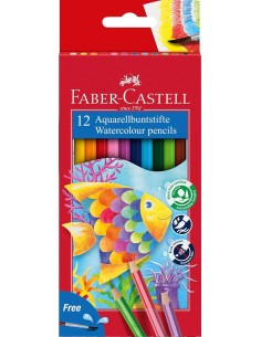 Crayons de couleur aquarelle Faber-Castell Classic Colour, lot de 12, hexagonaux + pinceau - Résistants à la casse - Couleurs as