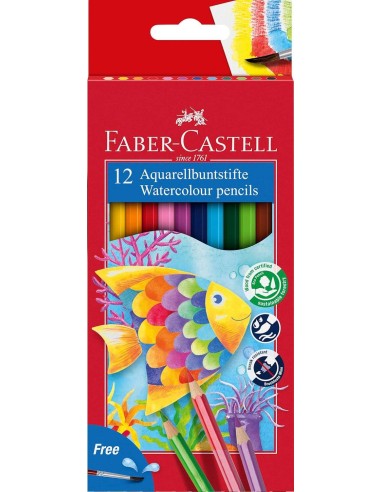 Crayons de couleur aquarelle Faber-Castell Classic Colour, lot de 12, hexagonaux + pinceau - Résistants à la casse - Couleurs as
