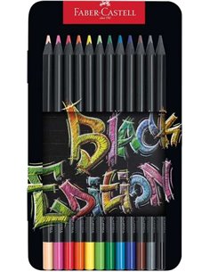 Boîte métallique Faber-Castell Black Edition de 12 crayons de couleur - Mine extra-douce - Bois noir - Idéal pour dessiner sur p