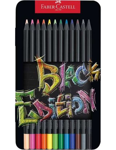 Boîte métallique Faber-Castell Black Edition de 12 crayons de couleur - Mine extra-douce - Bois noir - Idéal pour dessiner sur p