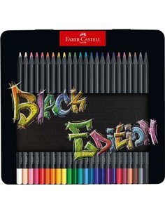 Boîte métallique Faber-Castell Black Edition de 24 crayons de couleur - Mine extra-douce - Bois noir - Idéal pour dessiner sur p