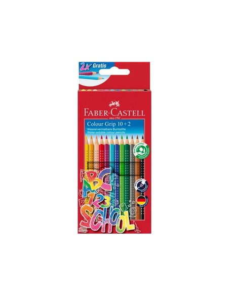 Pack de 10 crayons de couleur triangulaires avec grip Faber-Castell Colour Grip - Avec espace pour le nom - Couleurs assorties