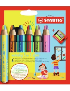 Stabilo Woody Duo 3-en-1, 6 crayons de couleur + taille-crayon - Mine XXL 10 mm - Crayon de couleur, cire aquarelle, tout-en-un 