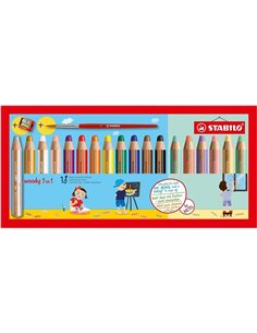 Coffret 3-en-1 Stabilo Woody de 18 crayons de couleur, pastel, taille-crayon et pinceau n° 8 - Crayon de couleur, cire et aquare