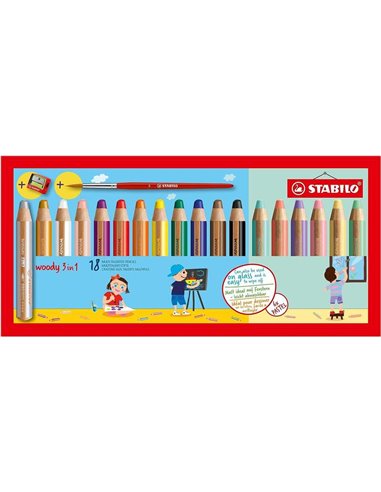 Coffret 3-en-1 Stabilo Woody de 18 crayons de couleur, pastel, taille-crayon et pinceau n° 8 - Crayon de couleur, cire et aquare