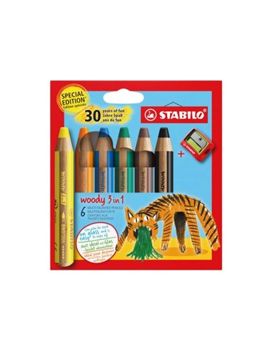 Crayons de couleur Stabilo Woody 3-en-1 30e anniversaire Tiger, pack de 6 + taille-crayons - Crayon de couleur, cire et aquarell