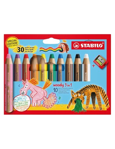 Crayons de couleur Stabilo Woody 3-en-1 30e anniversaire Licorne et Tigre, lot de 10 + taille-crayons - Crayons de couleur, de c