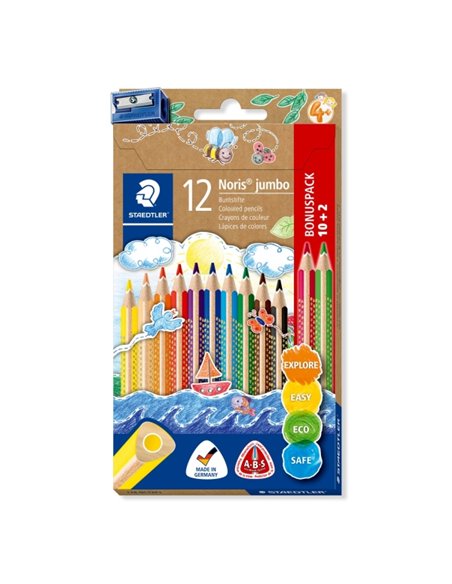 Crayons de couleur triangulaires Staedtler Jumbo Noris 128, paquet de 12, design ergonomique, couleurs assorties