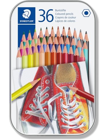 Boîte métallique Staedtler 175 de 36 crayons de couleur hexagonaux - Couleurs assorties