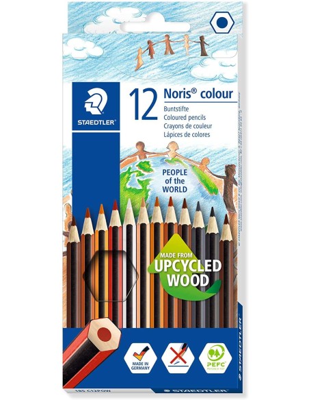 Crayons de couleur Staedtler Noris Colour 185 People of the World, paquet de 12, hexagonaux - Fabriqués en Wopex - Très résistan