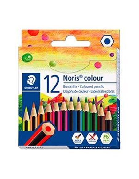 Crayons de couleur hexagonaux Staedtler Noris Colour 185, lot de 12 – Résistants à la casse – Matériau Wopex – Couleurs assortie