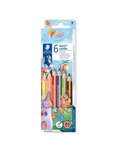 Crayons de couleur triangulaires Staedtler Jumbo Noris 128, paquet de 6 – Design ergonomique – Couleurs assorties