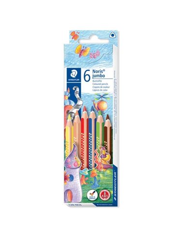 Crayons de couleur triangulaires Staedtler Jumbo Noris 128, paquet de 6 – Design ergonomique – Couleurs assorties