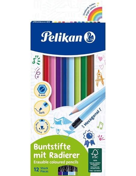 Boîte de 12 crayons de couleur hexagonaux effaçables Pelikan - avec gomme - Mine incassable - Certification FSC