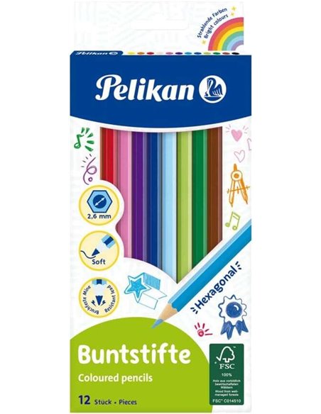 Boîte de 12 crayons de couleur hexagonaux laqués Pelikan - Mine incassable - Certifié FSC