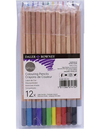 Lot de 12 crayons de couleur ronds Daler Rowney Simply - Faciles à tailler - Pour étudiants et usage domestique - Couleurs assor