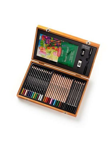 Coffret en bois Derwent Academy avec 12 crayons de couleur, 12 crayons aquarelle, 6 crayons à dessin graphite, un pinceau, un ta