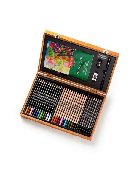 Coffret en bois Derwent Academy avec 12 crayons de couleur, 12 crayons aquarelle, 6 crayons à dessin graphite, un pinceau, un ta