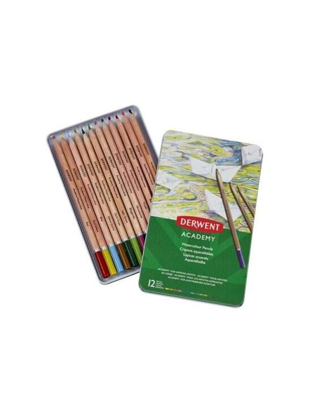 Crayons aquarelle Derwent Academy, lot de 12 – Aquarelle flexible – Corps en bois naturel – Faciles à utiliser – Pigments de qua