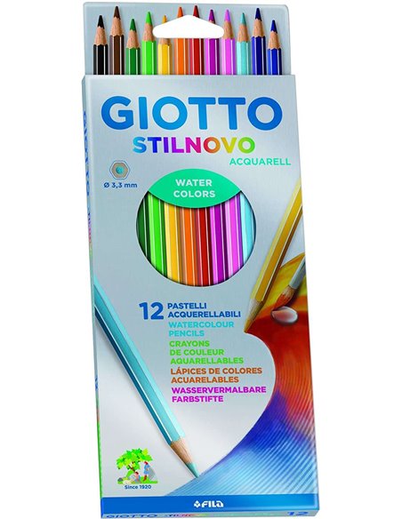 Crayons aquarelle hexagonaux Giotto Stilnovo, mine 3,3 mm, bois, couleurs assorties.