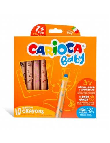 Carioca Baby 1+ Lot 3 en 1 de 10 crayons - Crayon, cire et aquarelle en un - Corps extra large, facile à saisir - Aquarellable à