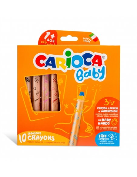 Carioca Baby 1+ Lot 3 en 1 de 10 crayons - Crayon, cire et aquarelle en un - Corps extra large, facile à saisir - Aquarellable à