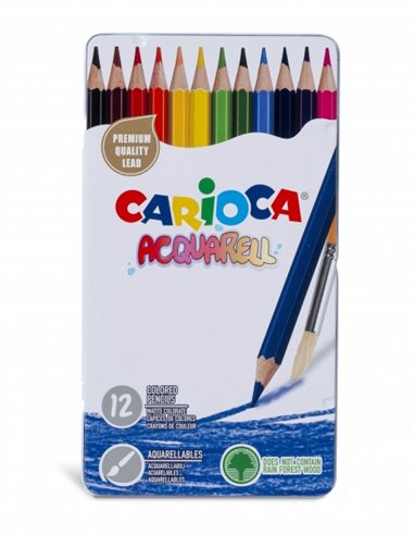 Carioca Aquarell Lot de 12 crayons aquarellables - Boîte en métal - Effet aquarelle à l'eau et au pinceau - Couleurs intenses et