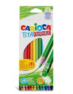 Carioca Tita Lot de 12 crayons à papier effaçables en résine - Corps hexagonal - Couleurs vives et lavables - Écriture douce - M