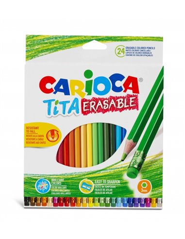 Carioca Tita Lot de 24 crayons à papier effaçables en résine - Corps hexagonal - Couleurs vives et lavables - Écriture douce - M