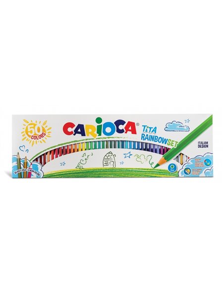 Coffret Carioca Tita Rainbow, lot de 50 crayons de couleur hexagonaux - Mine 3 mm - Couleurs vives et lavables - Écriture douce 