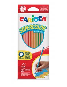 Crayons de couleur Carioca Supercolor, pack de 12 - Corps hexagonal en bois - Couleurs intenses et haute opacité - Mine de 3,3 m