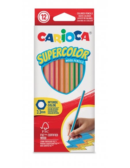 Crayons de couleur Carioca Supercolor, pack de 12 - Corps hexagonal en bois - Couleurs intenses et haute opacité - Mine de 3,3 m