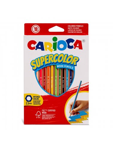 Crayons de couleur Carioca Supercolor, pack de 18 - Corps hexagonal en bois - Couleurs intenses et haute opacité - Mine de 3,3 m