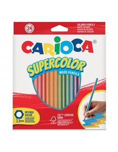 Crayons de couleur Carioca Supercolor, pack de 24 - Corps hexagonal en bois - Couleurs intenses et haute opacité - Mine de 3,3 m