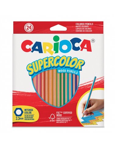 Crayons de couleur Carioca Supercolor, pack de 24 - Corps hexagonal en bois - Couleurs intenses et haute opacité - Mine de 3,3 m