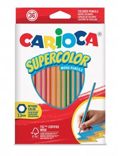 Crayons de couleur Carioca Supercolor, pack de 36 - Corps hexagonal en bois - Couleurs intenses et haute opacité - Mine de 3,3 m