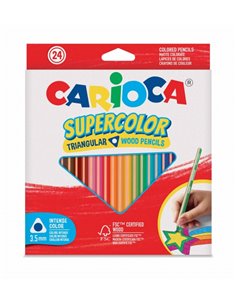 Crayons de couleur Carioca Supercolor, pack de 24 - Corps triangulaire en bois - Couleurs intenses et haute opacité - Mine de 3,