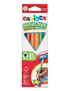 Crayons Carioca Supercolor en bois, lot de 6 - Corps triangulaire maxi - Couleurs intenses et haute opacité - Crayon épais Ø 5 m