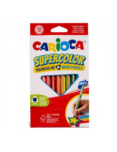 Carioca Supercolor Lot de 12 Crayons en Bois - Maxi Corps Triangulaire - Couleurs Intenses et Haute Opacité - Crayon Épais Ø 5mm
