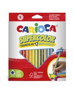 Crayons Carioca Supercolor en bois, lot de 18 - Corps triangulaire maxi - Couleurs intenses et haute opacité - Crayon épais Ø 5 