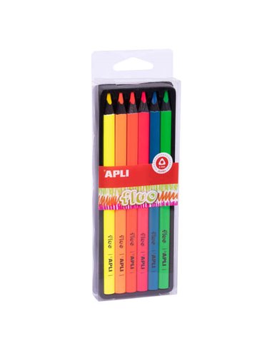 Crayons fluorescents géants Apli - trait 5 mm - Boîte individuelle de 6 couleurs assorties - Bois triangulaire pour une meilleur
