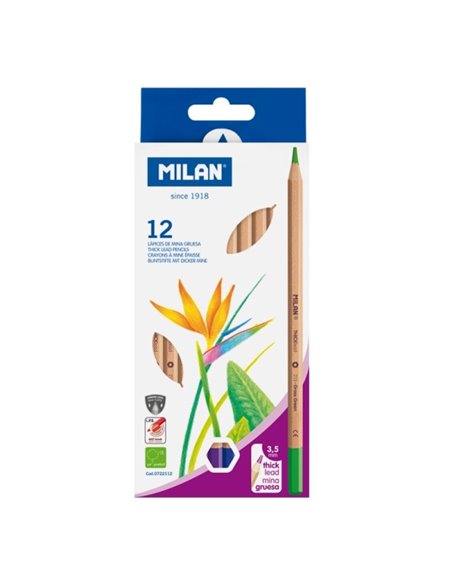 Lot de 12 crayons de couleur hexagonaux Milan - Mine épaisse de 3,5 mm - Incassables - Bois certifié FSC - Couleurs assorties