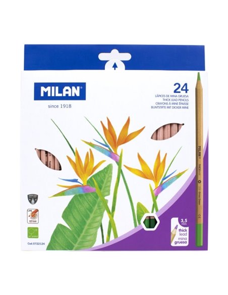 Lot de 24 crayons de couleur hexagonaux Milan - Mine épaisse de 3,5 mm - Incassables - Bois certifié FSC - Couleurs assorties
