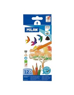 Lot de 12 crayons aquarellables triangulaires Milan + pinceau - Mine 2,9 mm - Trait uniforme - Incassable - Bois issu de forêts 
