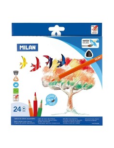 Lot de 24 crayons aquarellables triangulaires Milan + pinceau - Mine 2,9 mm - Trait uniforme - Incassable - Couleurs assorties